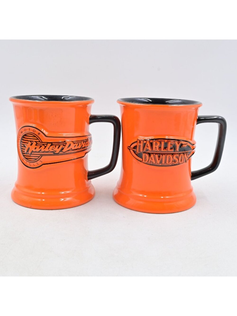 Harley-Davidson 3D Embossed Coffee Mugs Lot of 2 Orange Black Ceramic Cups Encor